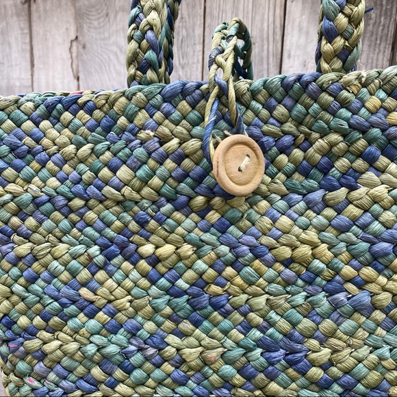 Vintage Wicker Woven Green Blue Beach Bag Purse - Picture 2 of 4